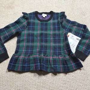 Crown & Ivy‎ Kids Sweater Girls Size Medium Green Tartan Plaid Ruffled Peplum